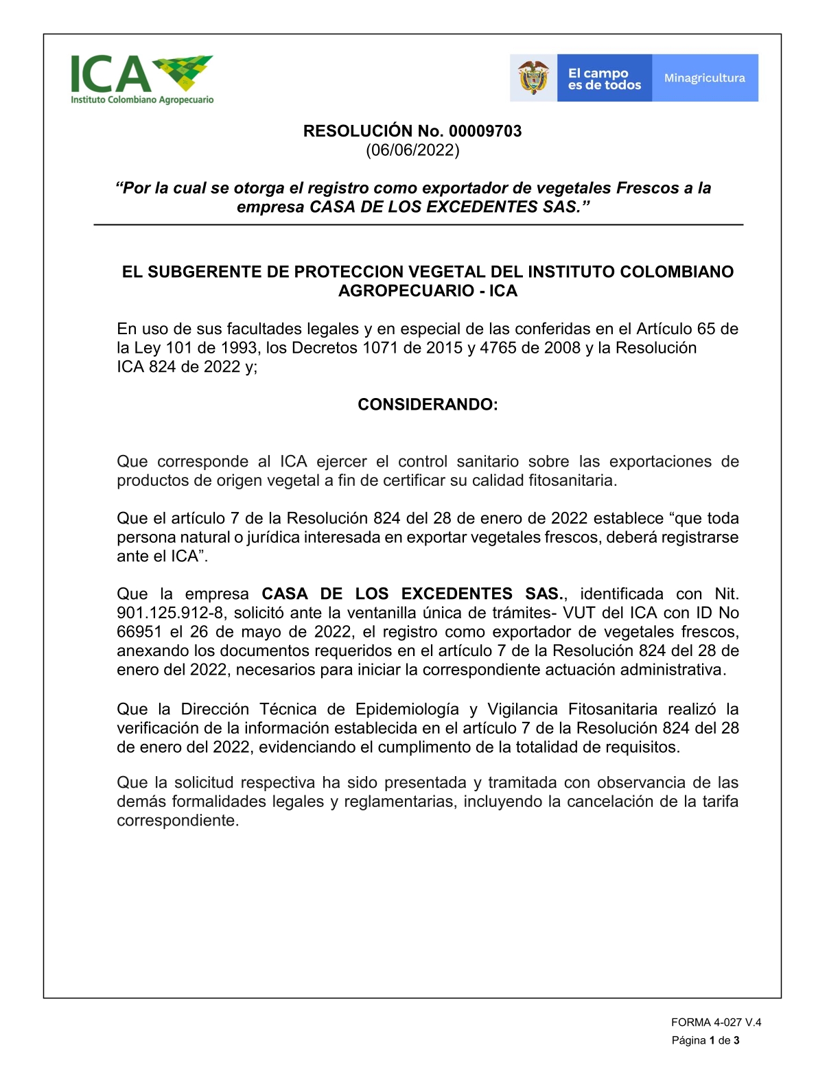 Certificado del Instituto Colombiano Agropecuario (ICA) para exportación de café.