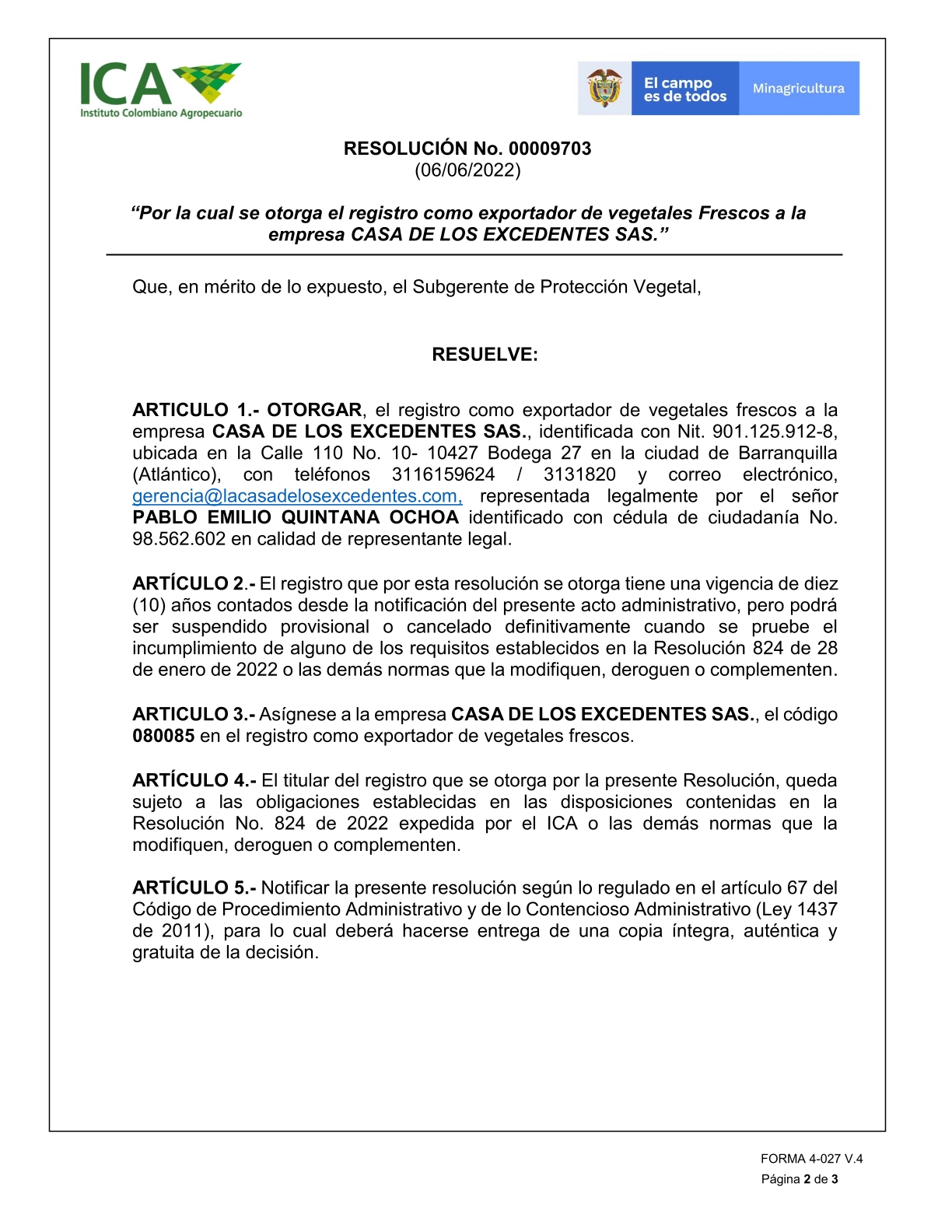 Certificado del Instituto Colombiano Agropecuario (ICA) para exportación de café.