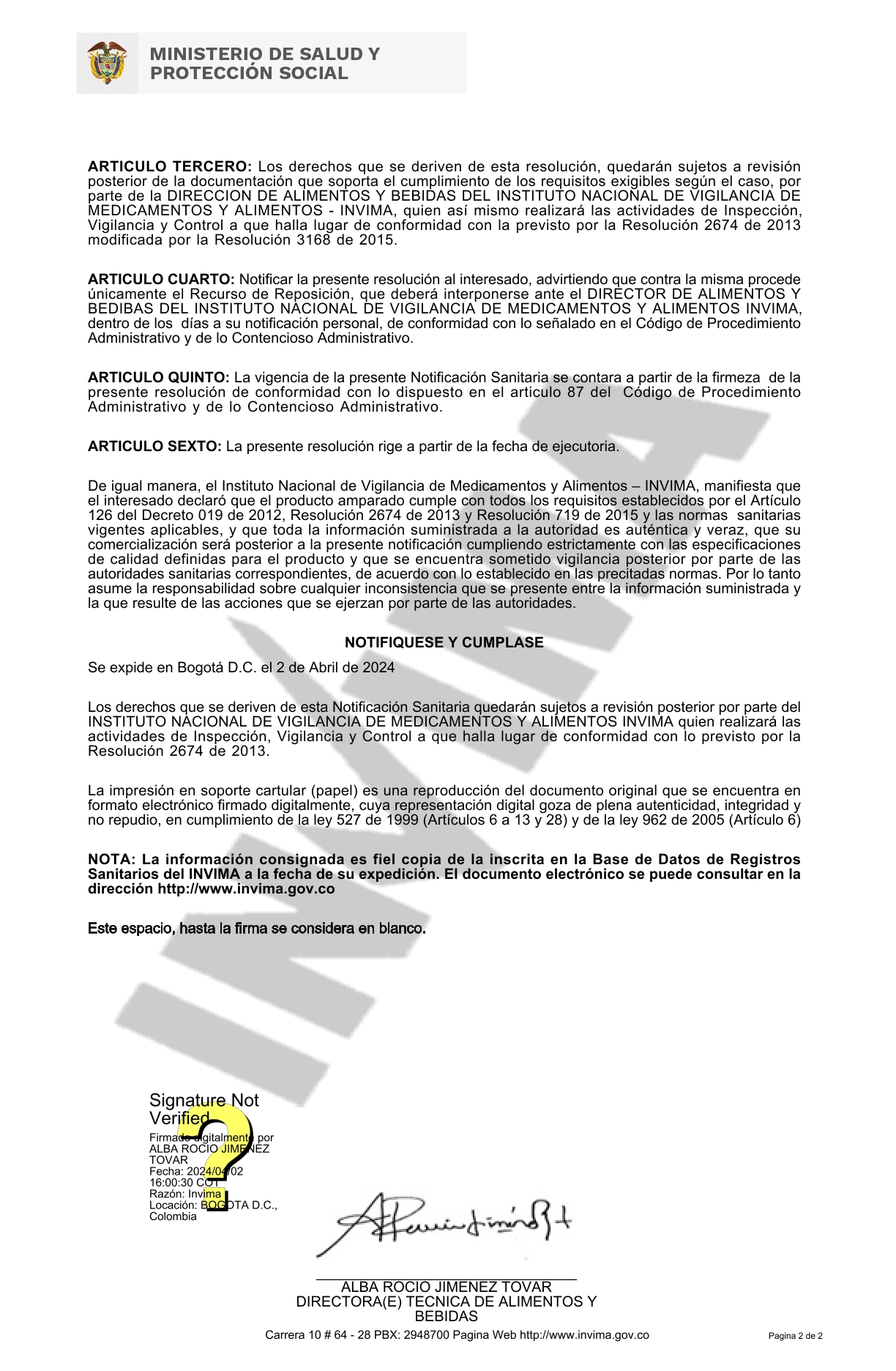 Certificado del Instituto Nacional de Vigilancia de Medicamentos y Alimentos (INVIMA) para productos alimenticios.