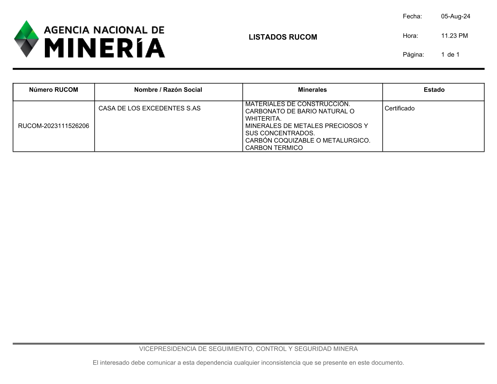 Certificado de Registro Único de Comercializadores de Minerales (RUCOM) para metales y minerales.
