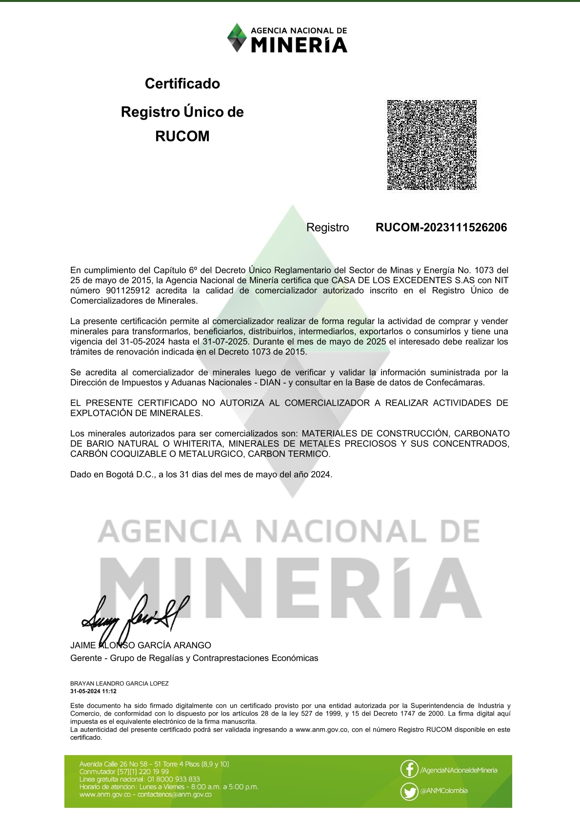 Autorización RUCOM para comercialización de minerales y metales.